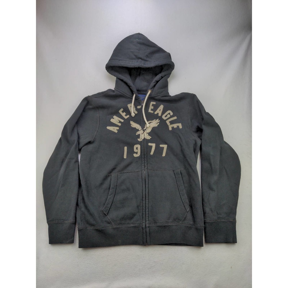 Mens American Eagle Outfitters Full Zip Hoodie Size XL Patch Logo 1977 Black